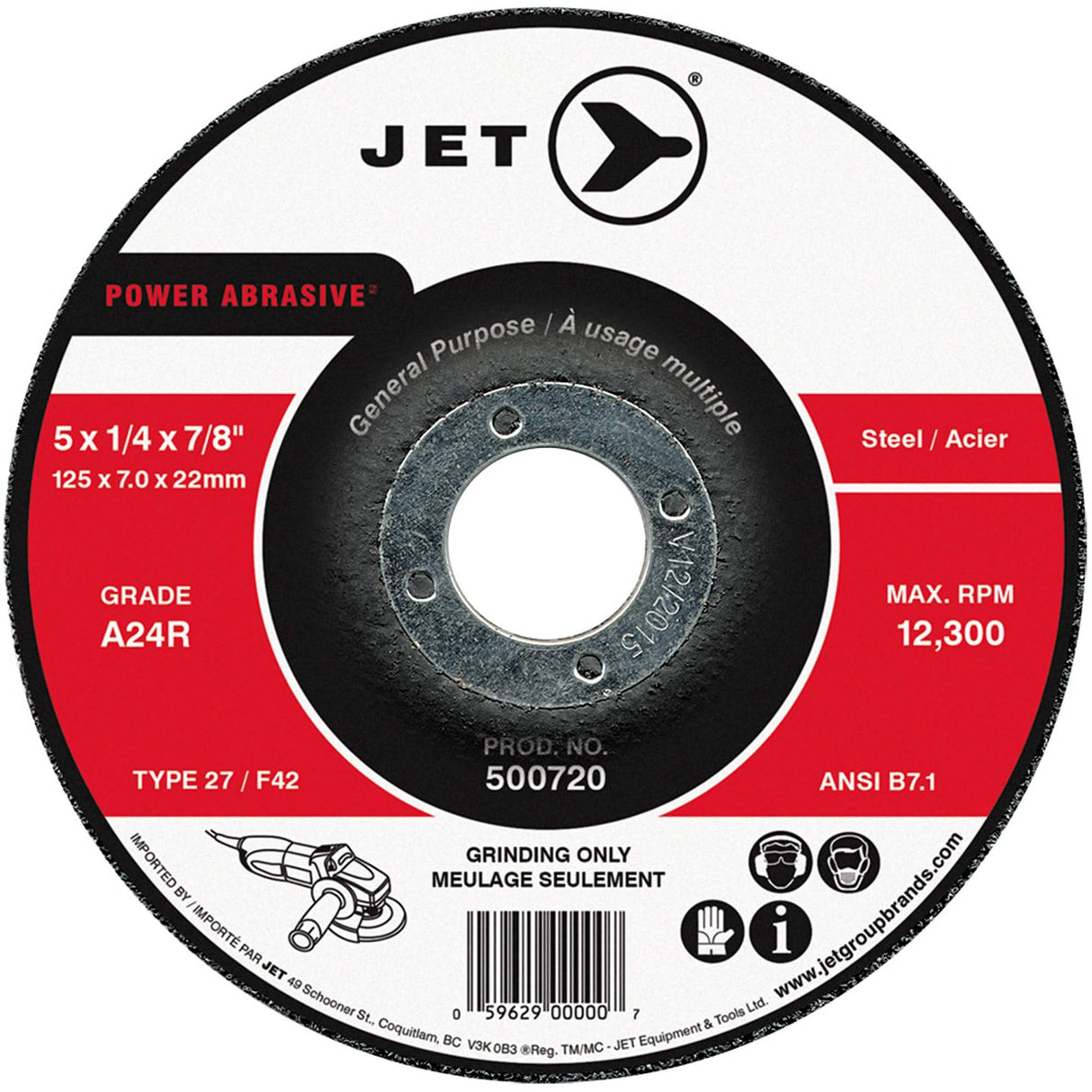 POWER ABRASIVE® Grinding Wheel, 5" x 1/4", 7/8" Arbor, Type 27