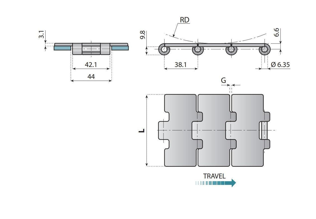 S815 K600 Table Top Chain | Conveyor Chain - 10ft Length
