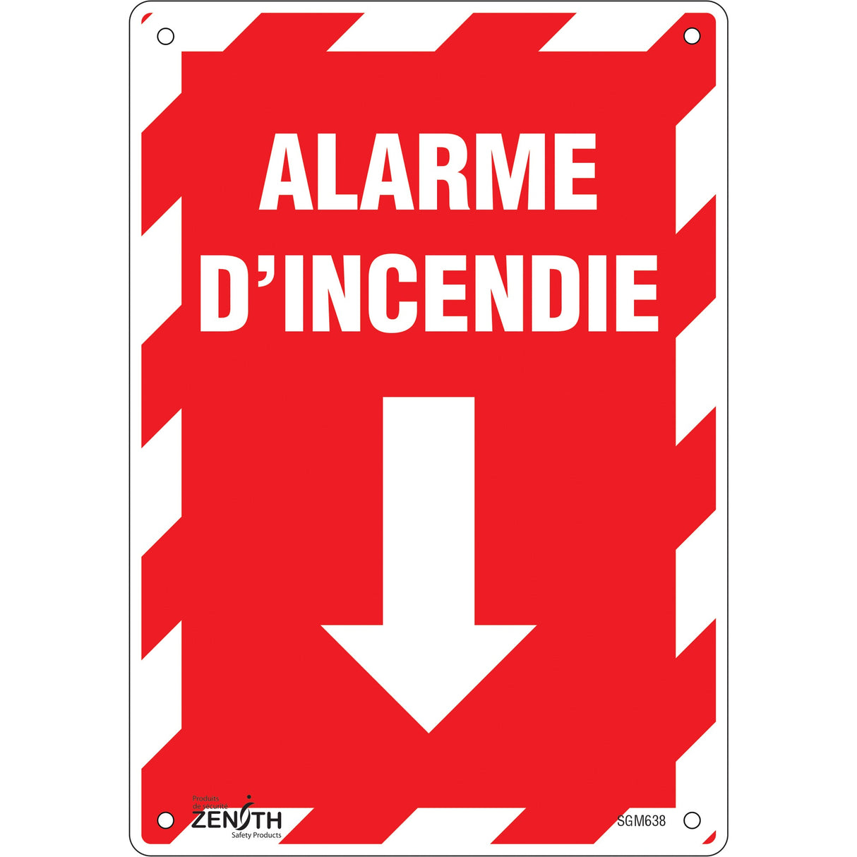 "Alarme D'Incendie" Arrow Sign, 10" x 7", Plastic, French with Pictogram