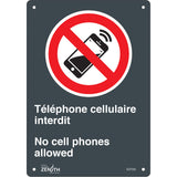 "Téléphone cellulaire interdit /No Cell Phones" Sign, 10" x 7", Plastic, Bilingual with Pictogram