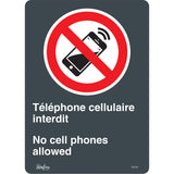 "Téléphone cellulaire interdit /No Cell Phones" Sign, 14" x 10", Vinyl, Bilingual with Pictogram