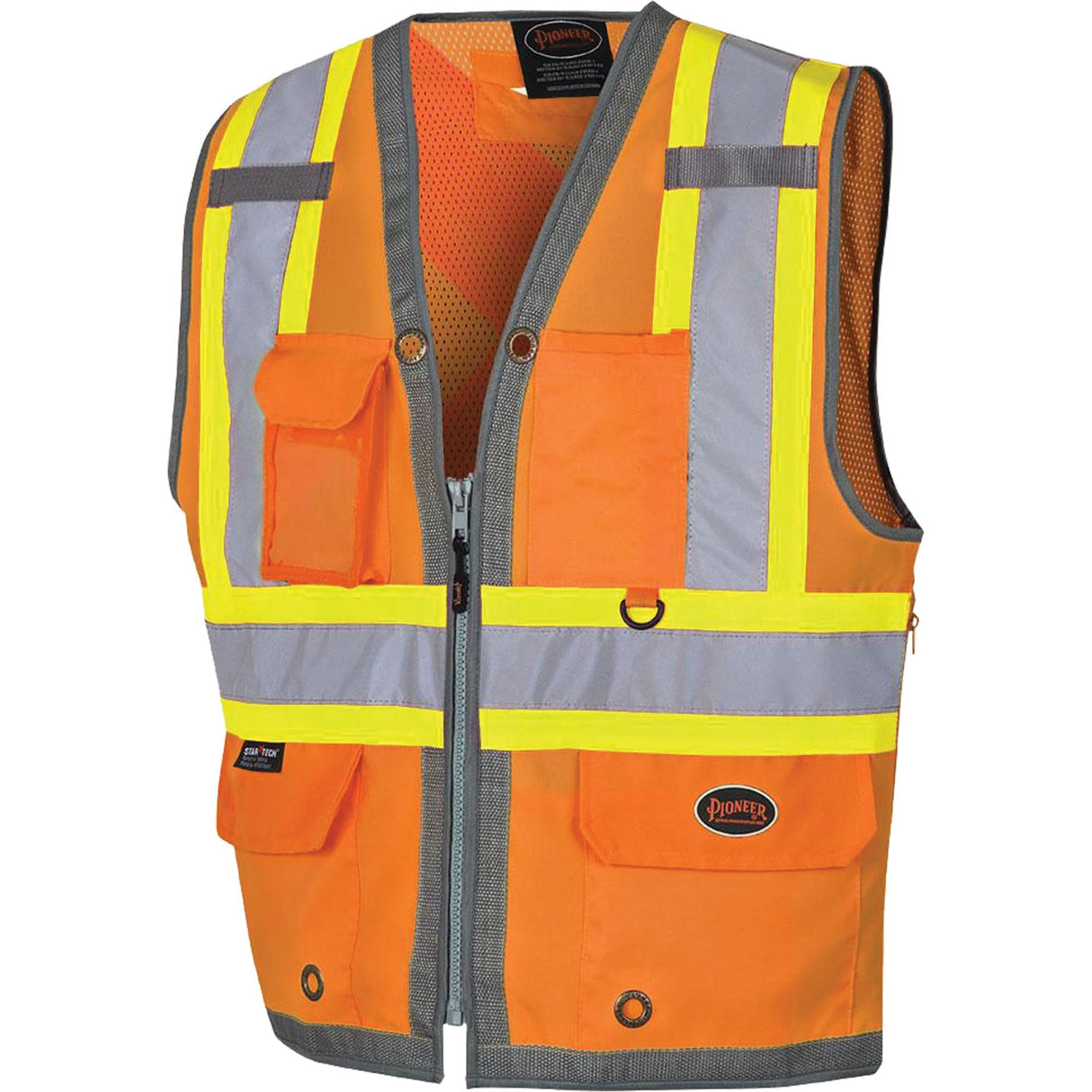 Pioneer Mesh Back Zip Front Surveyor Safety Vest, High Visibility Orange, Large, Polyester