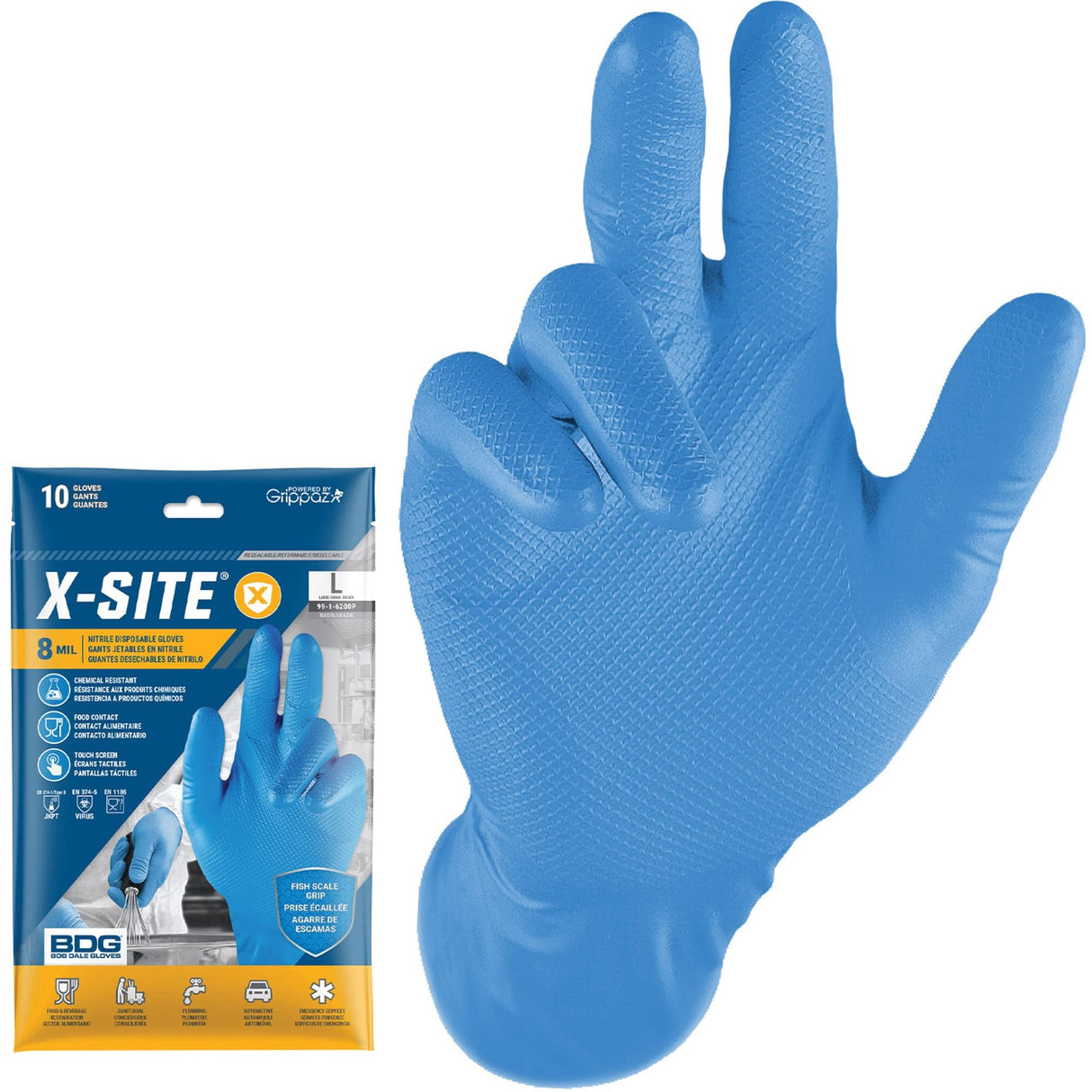 Grippaz™ Disposable Gloves, 2X-Large, Nitrile, 8-mil, Powder-Free, Blue