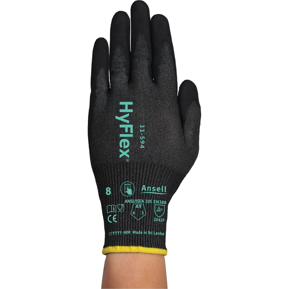 HyFlex® 11-594 Cut-Resistant Gloves, Size Medium/8, 18 Gauge, Nitrile Coated, HPPE/Intercept™ Shell, ASTM ANSI Level A9/EN 388 Level F
