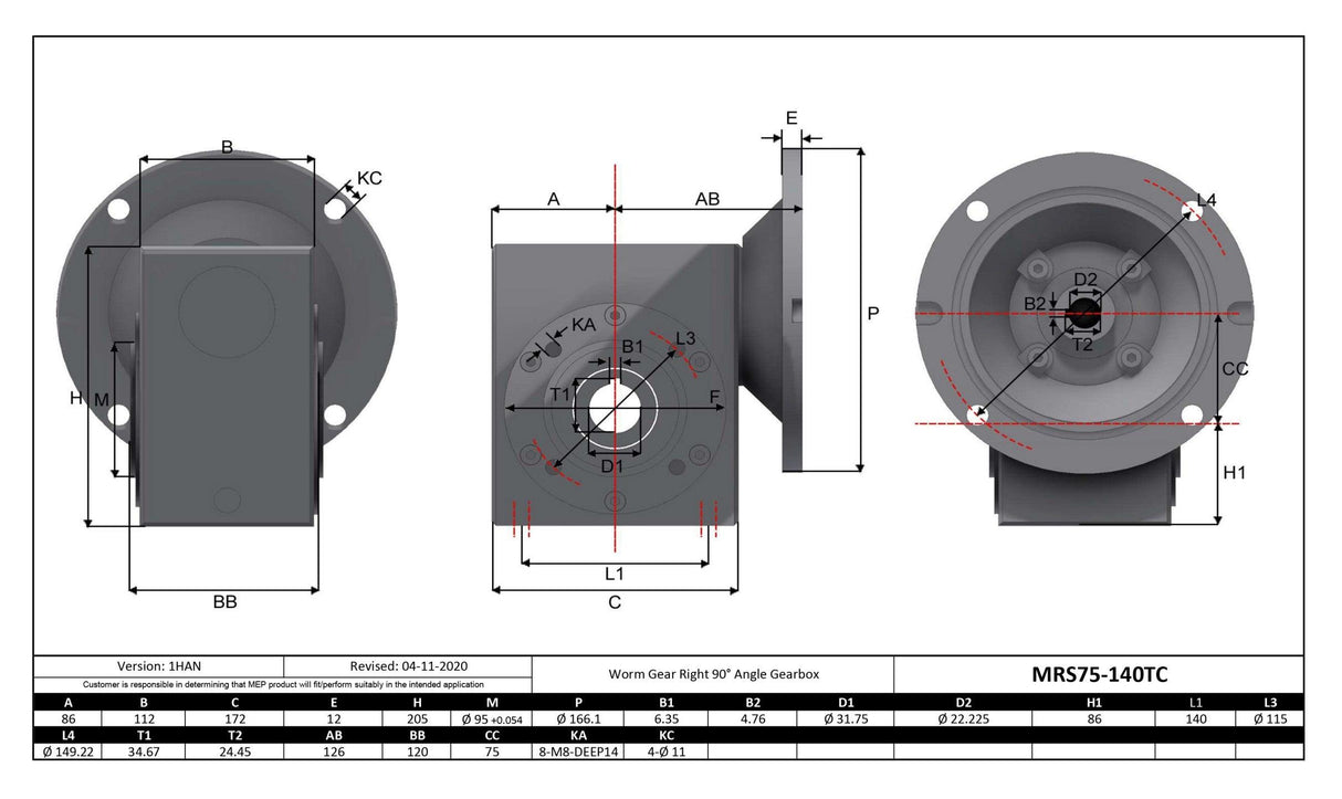 Max Motion MRS75-20-140TC |  Stainless Steel Gearbox 140TC 20:1 Size 75 Output Bore 1.25"