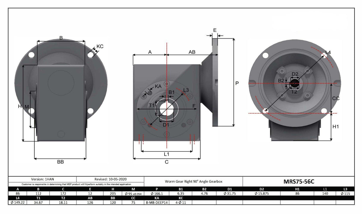 Max Motion MRS75-40-56C |  Stainless Steel Gearbox 56C 40:1 Size 75 Output Bore 1.25"
