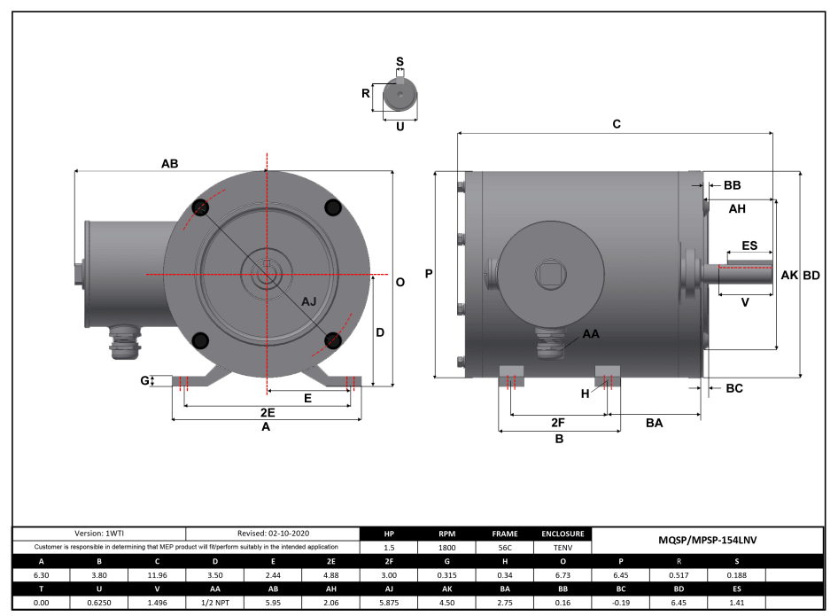 Max Motion MQSP-154LNV | NEMA Motor 1.5HP, 1800RPM, 208-230/460V, Frame 56C, TENV, Rigid Base