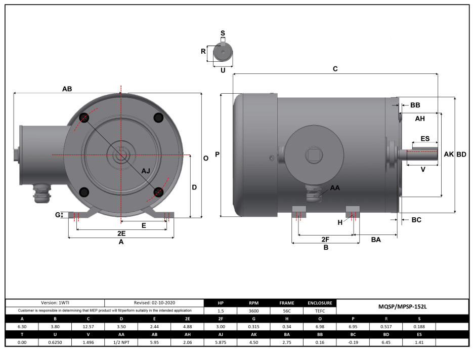 Max Motion MQSP-152L | NEMA Motor 1.5HP, 3600RPM, 208-230/460V, Frame 56C, TEFC, Rigid Base
