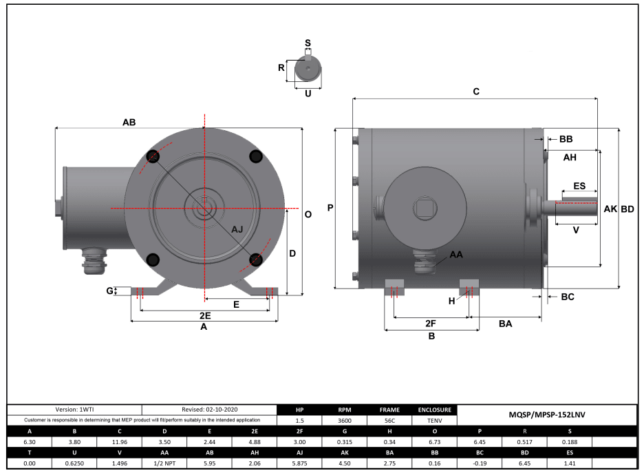 Max Motion MQSP-152LNV | NEMA Motor 1.5HP, 3600RPM, 208-230/460V, Frame 56C, TENV, Rigid Base