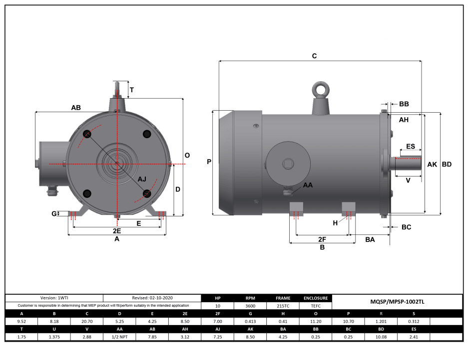 Max Motion MQSP-1002TL | NEMA Motor 10HP, 3600RPM, 208-230/460V, Frame 215TC, TEFC, Rigid Base