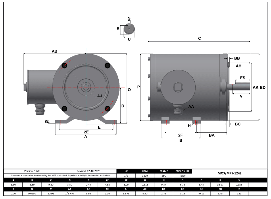 Max Motion MQS-124L | NEMA Motor 1/2HP, 1800RPM, 208-230/460V, Frame 56C, TENV, Rigid Base