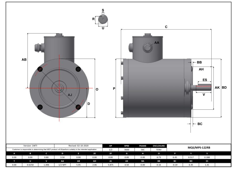 Max Motion MQS-122RB | NEMA Motor 1/2HP, 3600RPM, 208-230/460V, Frame 56C, TENV, Round Body Base
