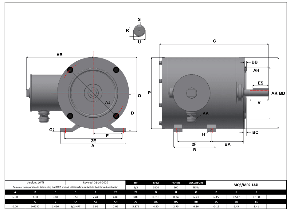 Max Motion MQS-134L | NEMA Motor 1/3HP, 1800RPM, 208-230/460V, Frame 56C, TENV, Rigid Base
