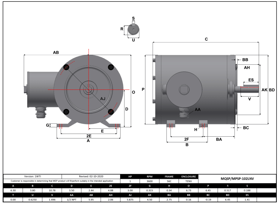 Max Motion MQSP-102LNV | NEMA Motor 1HP, 3600RPM, 208-230/460V, Frame 56C, TENV, Rigid Base