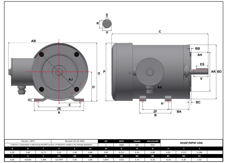 Max Motion MQSP-204L | NEMA Motor 2HP, 1800RPM, 208-230/460V, Frame 56C, TEFC, Rigid Base