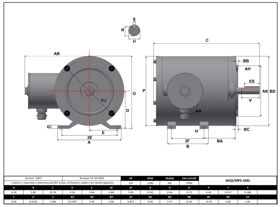 Max Motion MQS-346L | NEMA Motor 3/4HP, 1200RPM, 208-230/460V, Frame 56C, TENV, Rigid Base
