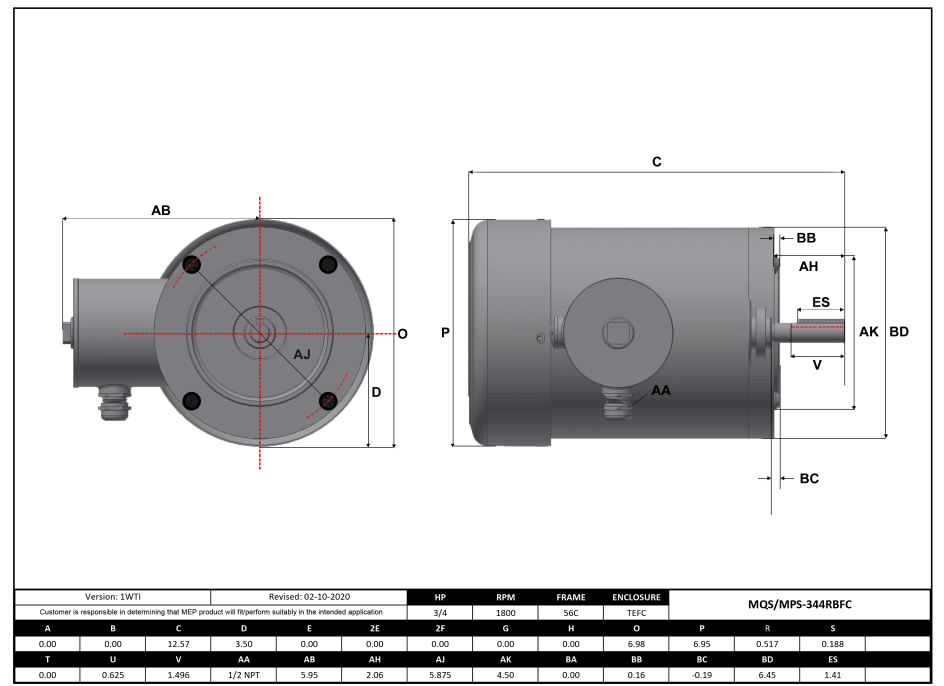 Max Motion MPS-344RBFC | NEMA Motor 3/4HP, 1800RPM, 575V, Frame 56C, TEFC, Round Body Base
