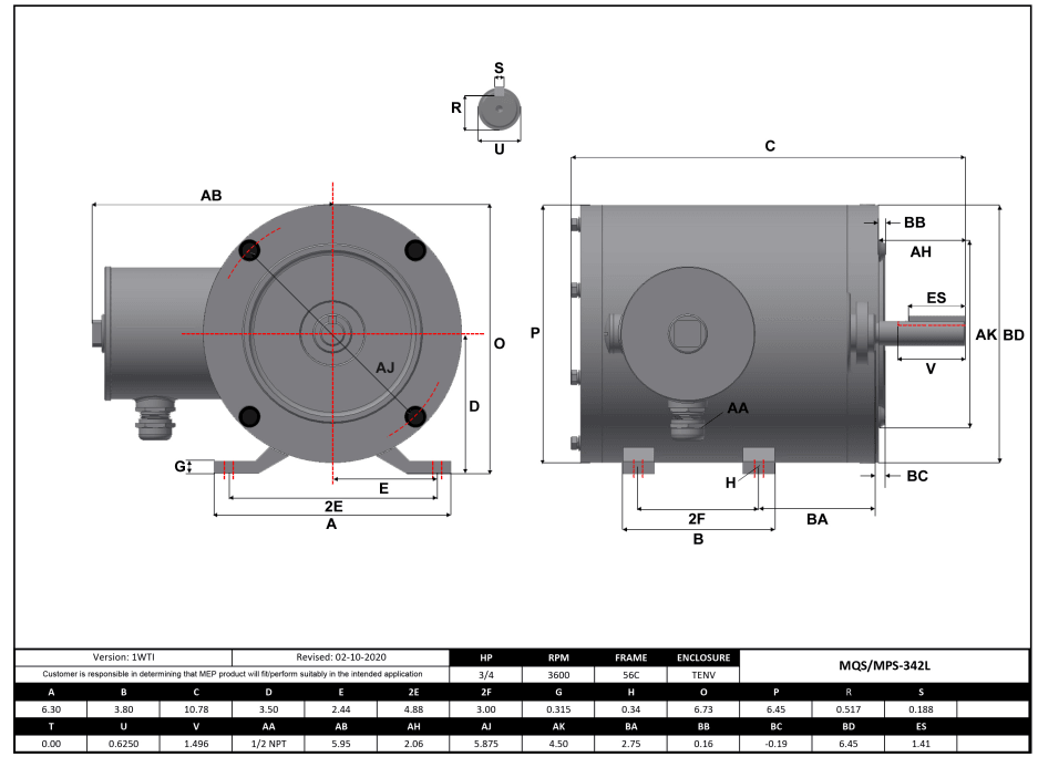Max Motion MQS-342L | NEMA Motor 3/4HP, 3600RPM, 208-230/460V, Frame 56C, TENV, Rigid Base