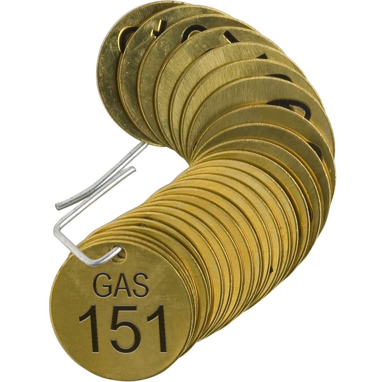 Numbered "GAS" Valve Tags, # 151-175, Brass, 1.5" dia