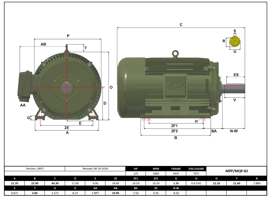 Max Motion MPP-82 | T-Frame Motor 125HP, 1800RPM, 575V, Frame 444T, TEFC, Cast Iron