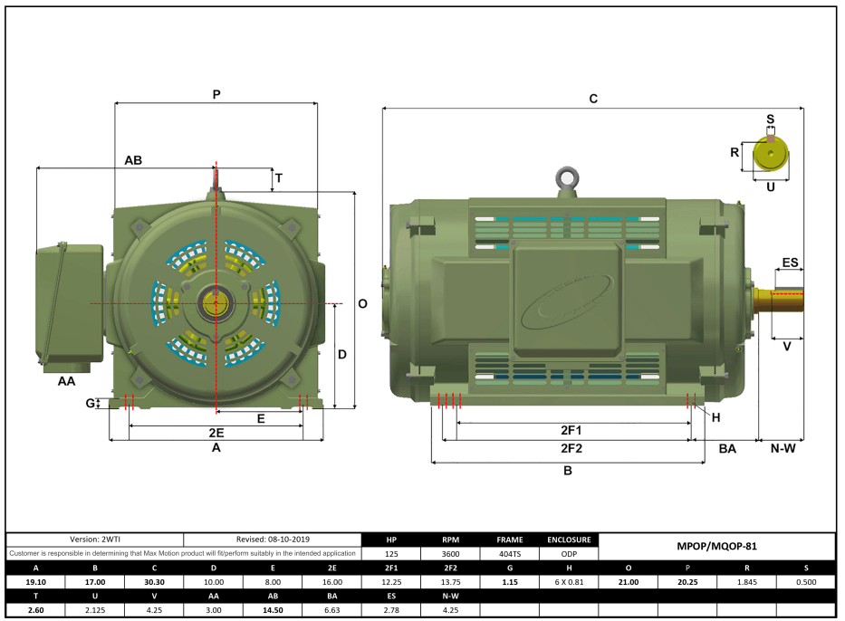 Max Motion MQOP-81 | T-Frame Motor 125HP, 3600RPM, 460V, Frame 404TS, ODP, Cast Iron