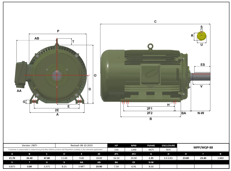 Max Motion MQP-88 | T-Frame Motor 150HP, 1200RPM, 460V, Frame 447T, TEFC, Cast Iron