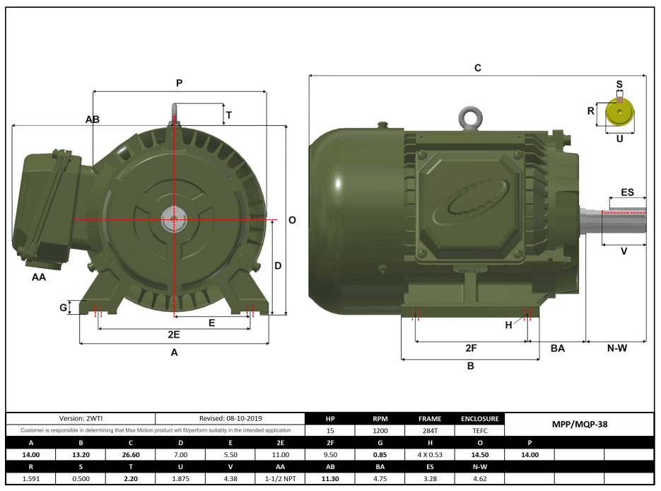 Max Motion MQP-38 | T-Frame Motor 15HP, 1200RPM, 208-230/460V, Frame 284T, TEFC, Cast Iron
