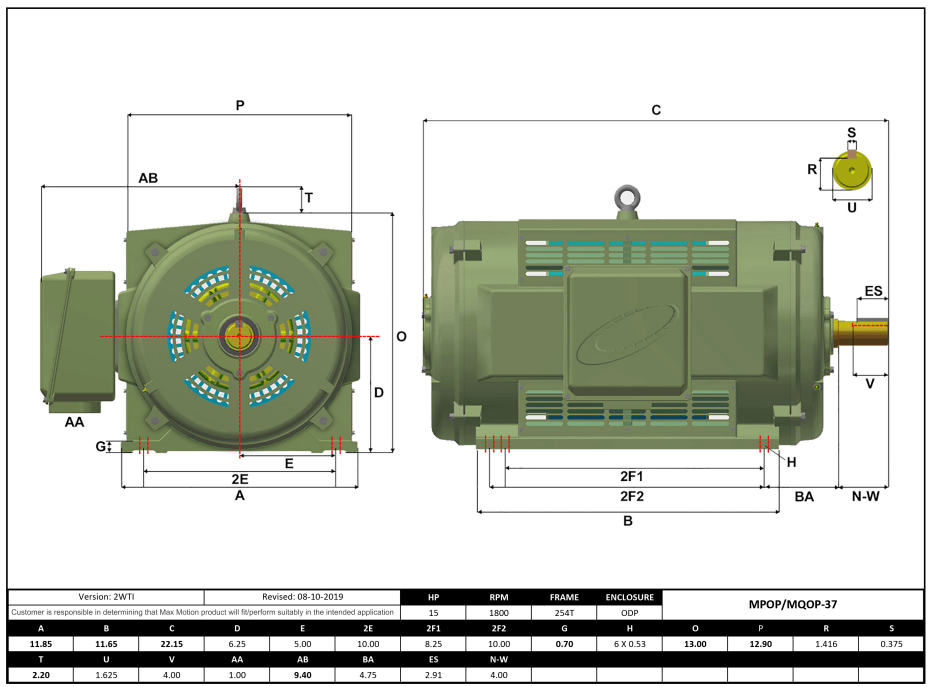 Max Motion MQOP-37 | T-Frame Motor 15HP, 1800RPM, 208-230/460V, Frame 254T, ODP, Cast Iron