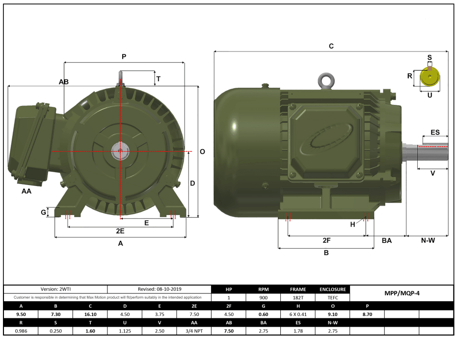 Max Motion MPP-4 | T-Frame Motor 1HP, 900RPM, 575V, Frame 182T, TEFC, Cast Iron