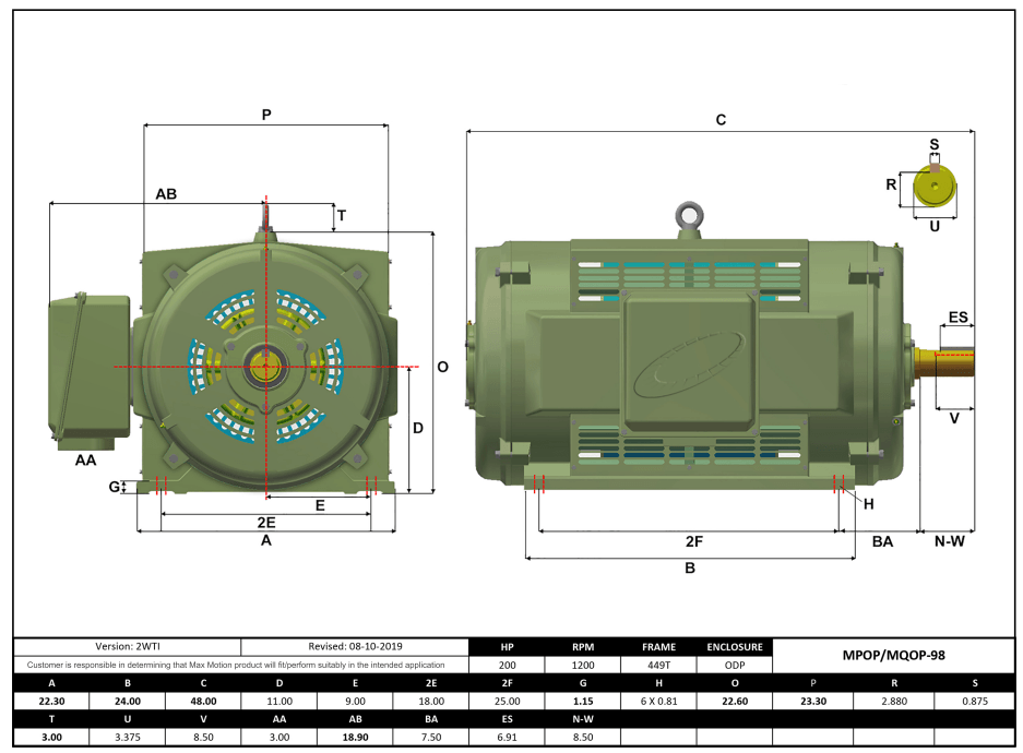Max Motion MQOP-98 | T-Frame Motor 200HP, 1200RPM, 460V, Frame 449T, ODP, Cast Iron