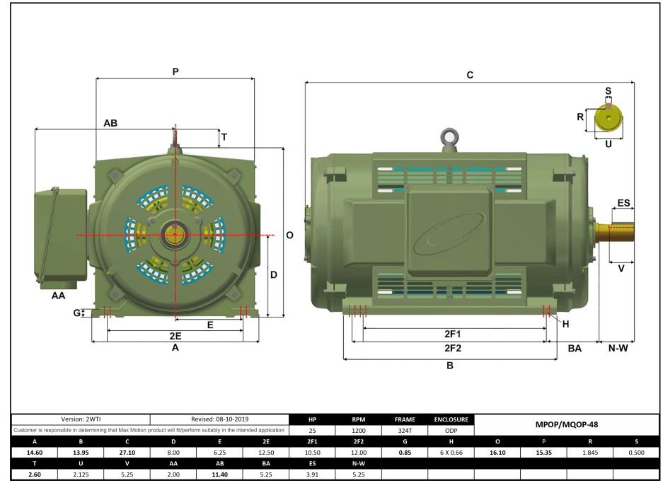 Max Motion MQOP-48 | T-Frame Motor 25HP, 1200RPM, 208-230/460V, Frame 324T, ODP, Cast Iron
