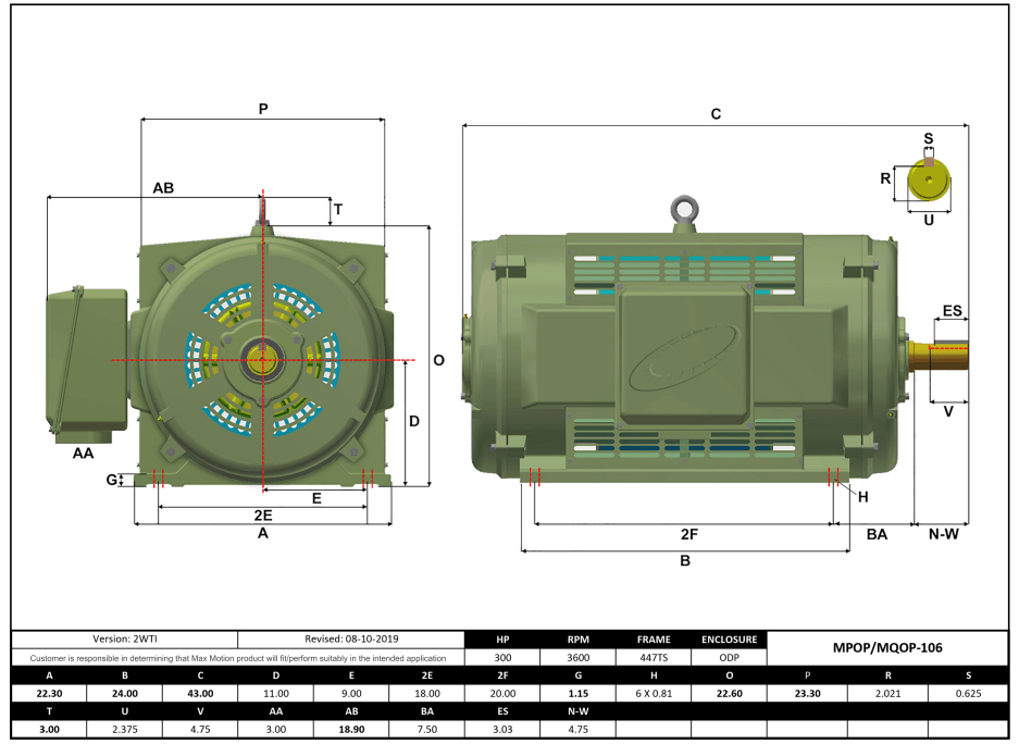 Max Motion MQOP-106 | T-Frame Motor 300HP, 3600RPM, 460V, Frame 447TS, ODP, Cast Iron