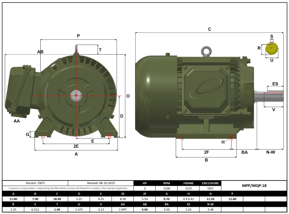 Max Motion MPP-18 | T-Frame Motor 3HP, 1200RPM, 575V, Frame 213T, TEFC, Cast Iron
