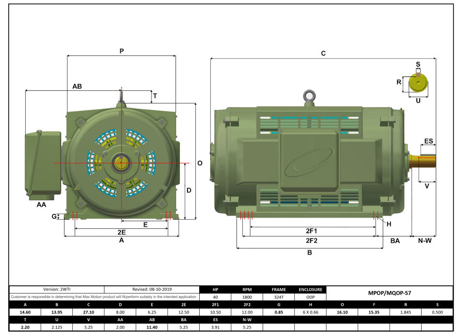 Max Motion MQOP-57 | T-Frame Motor 40HP, 1800RPM, 208-230/460V, Frame 324T, ODP, Cast Iron
