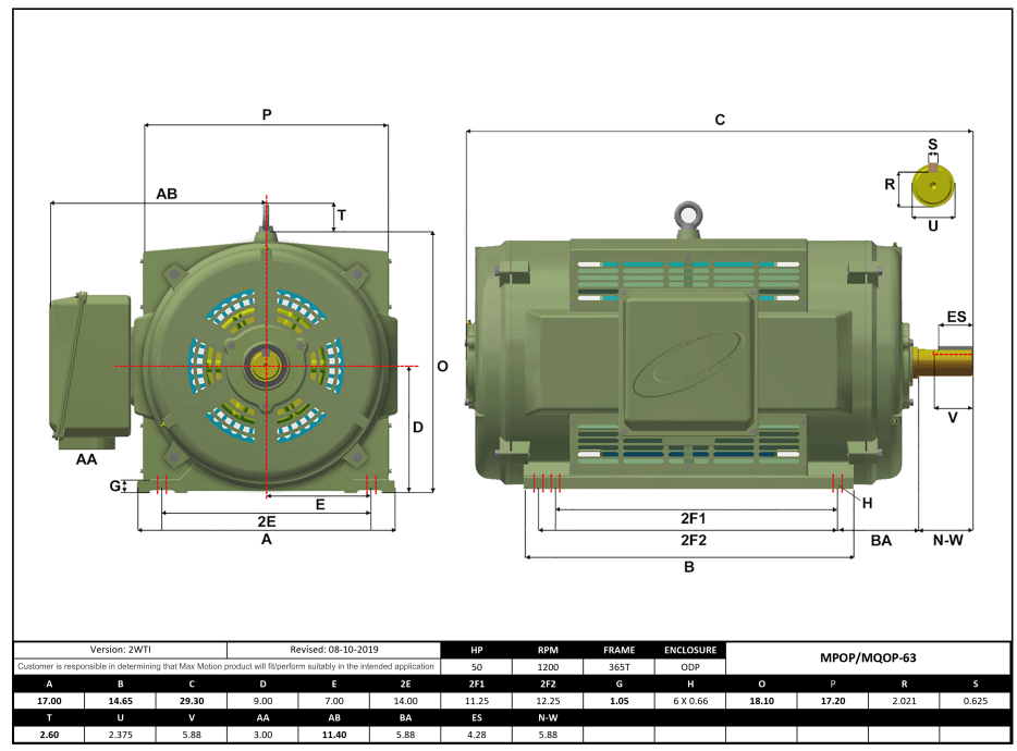 Max Motion MQOP-63 | T-Frame Motor 50HP, 1200RPM, 208-230/460V, Frame 365T, ODP, Cast Iron