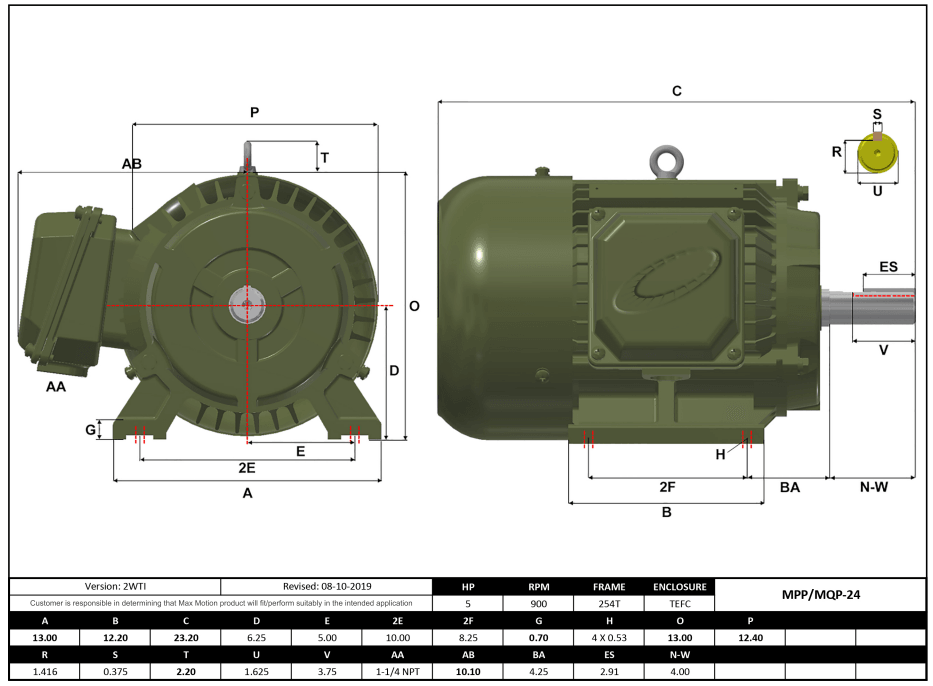 Max Motion MPP-24 | T-Frame Motor 5HP, 900RPM, 575V, Frame 254T, TEFC, Cast Iron