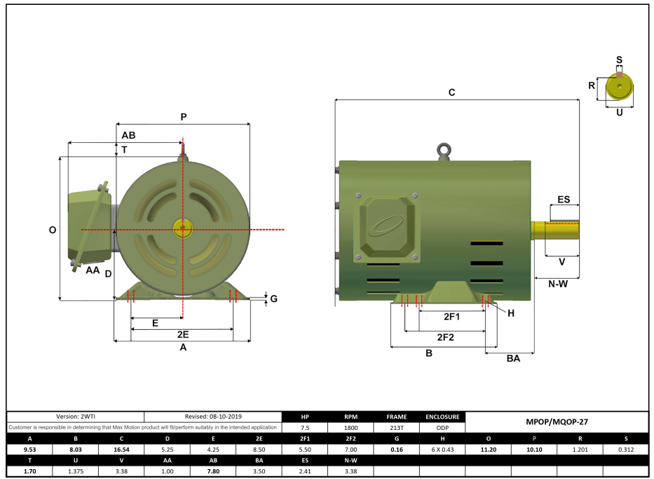 Max Motion MPOP-27 | T-Frame Motor 7.5HP, 1800RPM, 575V, Frame 213T, ODP, Rolled Steel