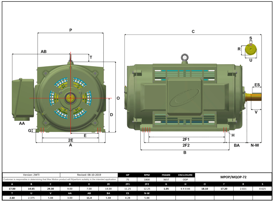 Max Motion MQOP-72 | T-Frame Motor 75HP, 1800RPM, 208-230/460V, Frame 365T, ODP, Cast Iron