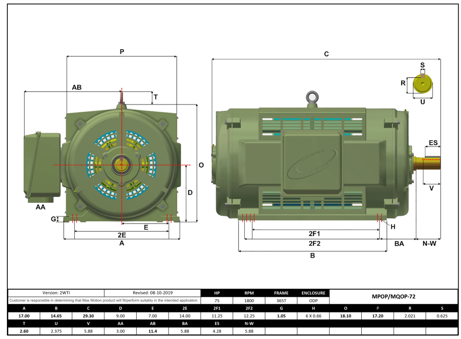 Max Motion MPOP-72 | T-Frame Motor 75HP, 1800RPM, 575V, Frame 365T, ODP, Cast Iron