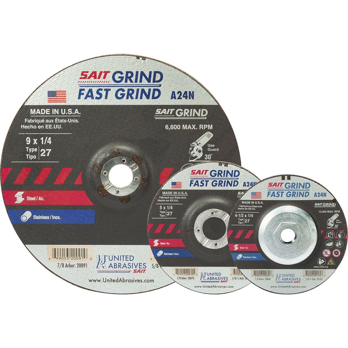A24N Fast Grinding Wheel, 4-1/2" x 1/4", 7/8" Arbor, Aluminum Oxide, Type 27