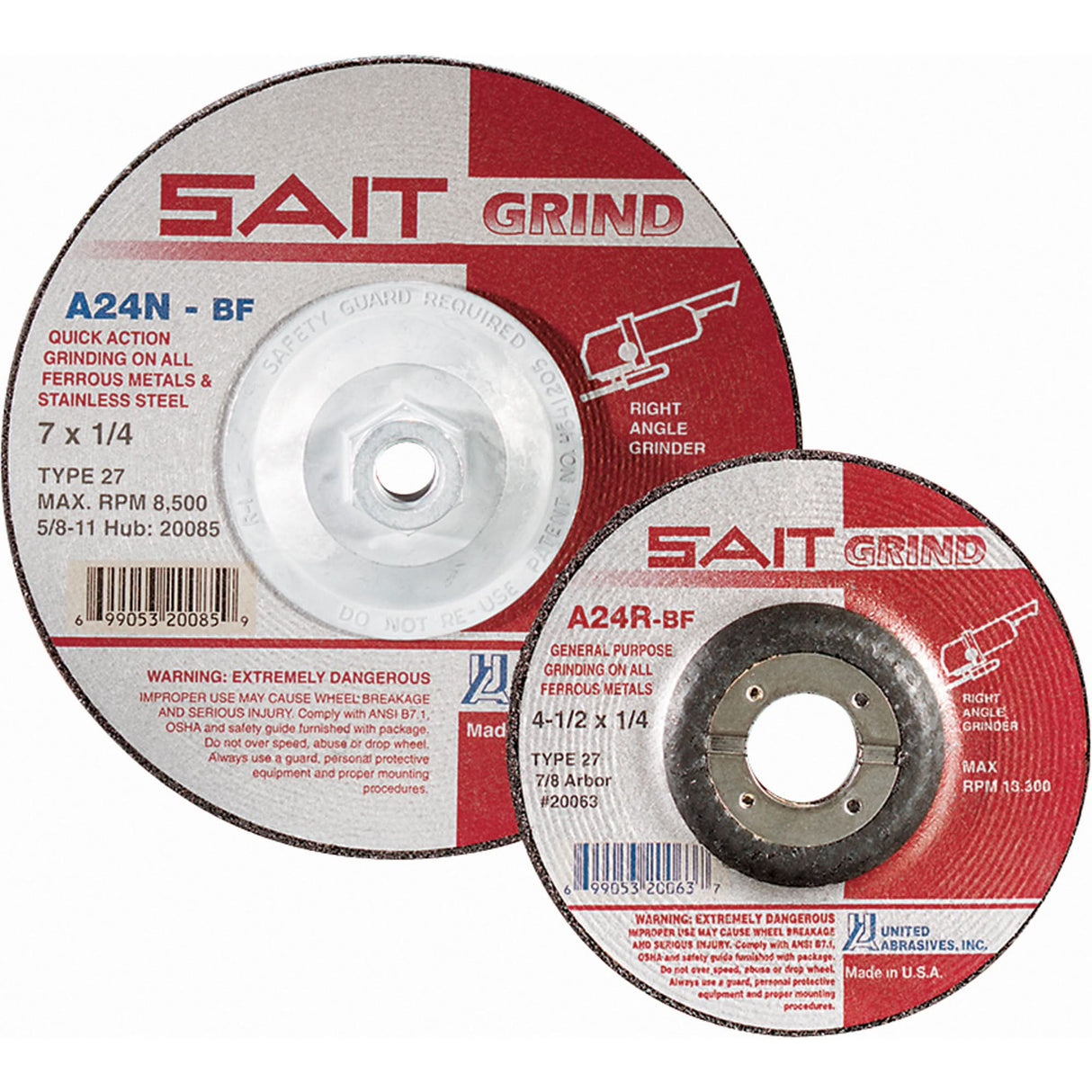 A24N Fast Grinding Wheel, 7" x 1/4", 7/8" Arbor, Aluminum Oxide, Type 27