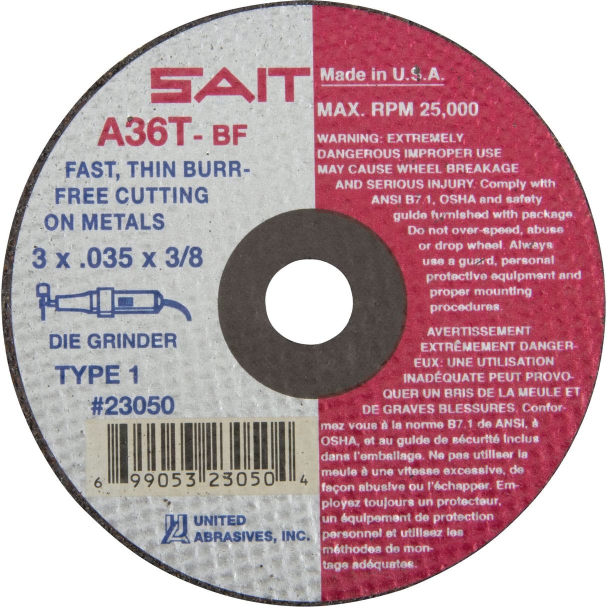 Cut-Off Wheel (A36T), 3" x 0.035", 3/8" Arbor, Type 27, Aluminum Oxide, 25000 RPM