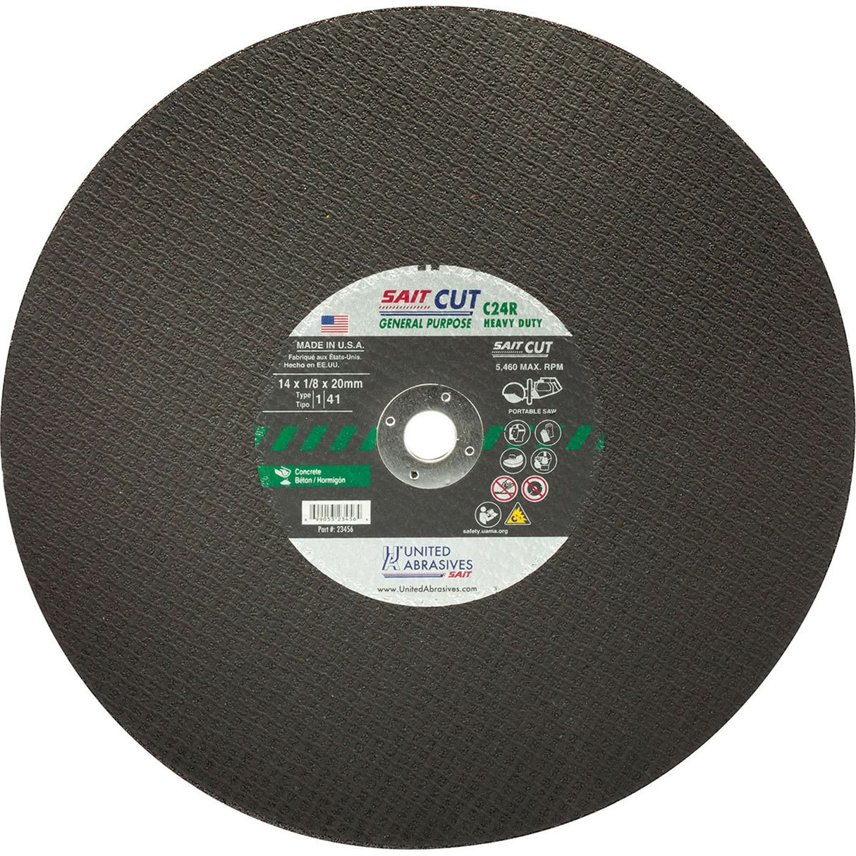 C24R Concrete High Speed Cut-Off Wheel, 14" x 1/8", 25/32" Arbor, Type 1, Silicon Carbide, 5460 RPM