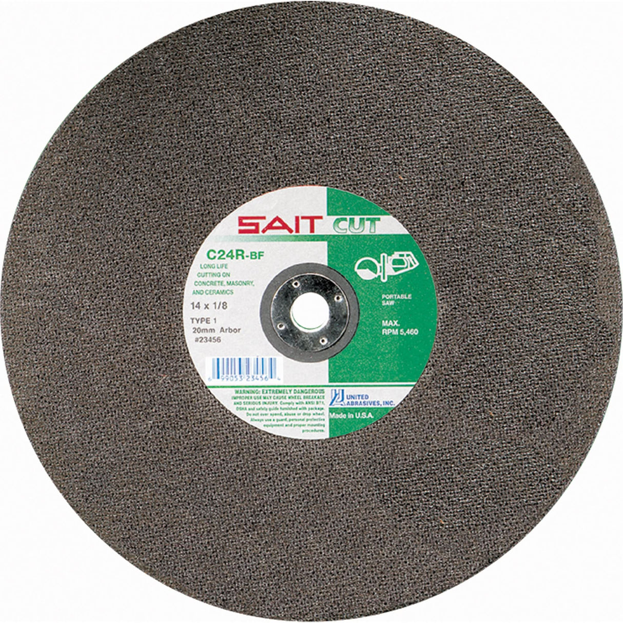C24R Concrete High Speed Cut-Off Wheel, 14" x 1/8", 1" Arbor, Type 1, Silicon Carbide, 5400 RPM