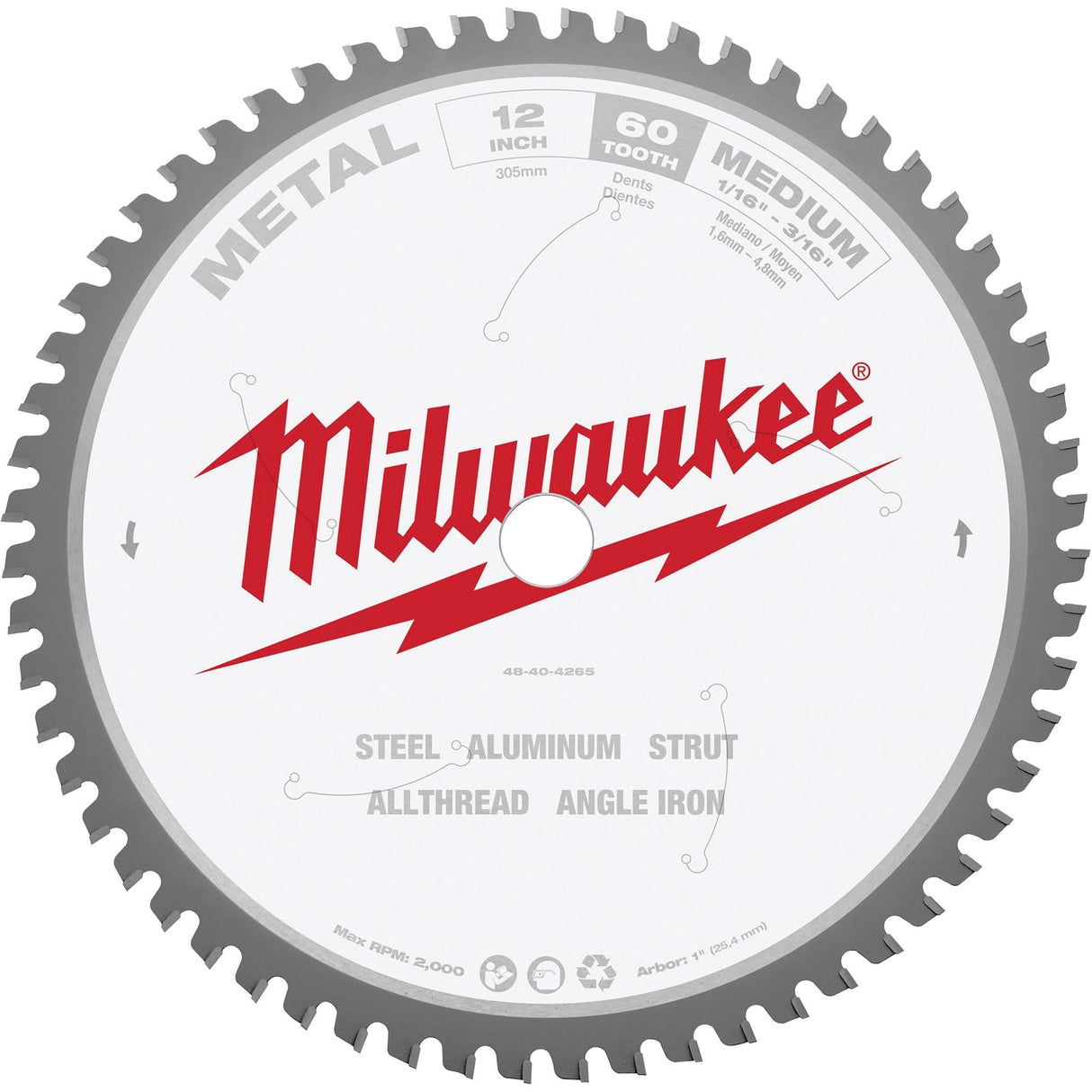 Circular Saw Blade, 12", 60 Teeth, Metal Use
