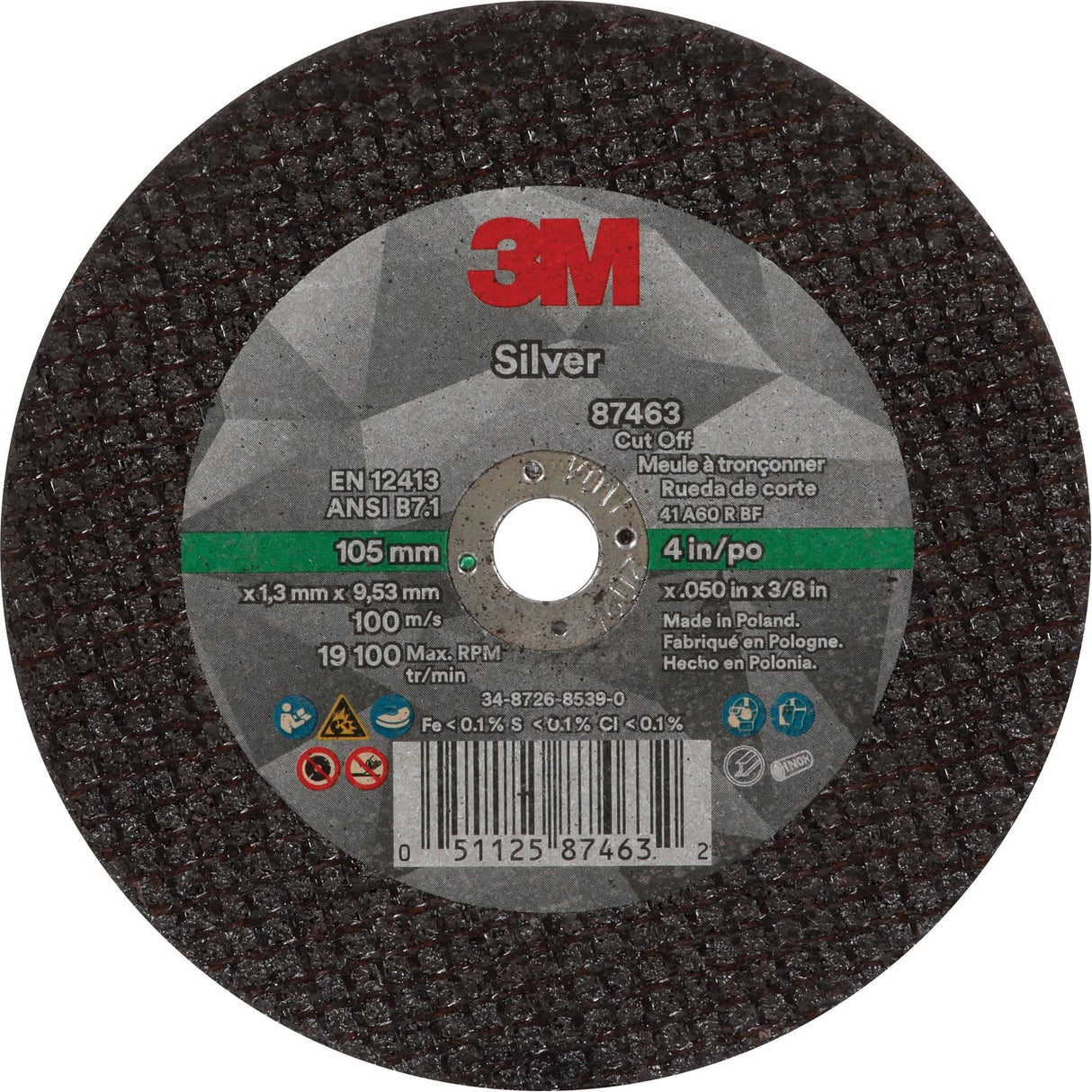 Silver Cut-Off Wheel, 4" x 0.05", 3/8"-24 Arbor, Type 1, Ceramic, 19100 RPM
