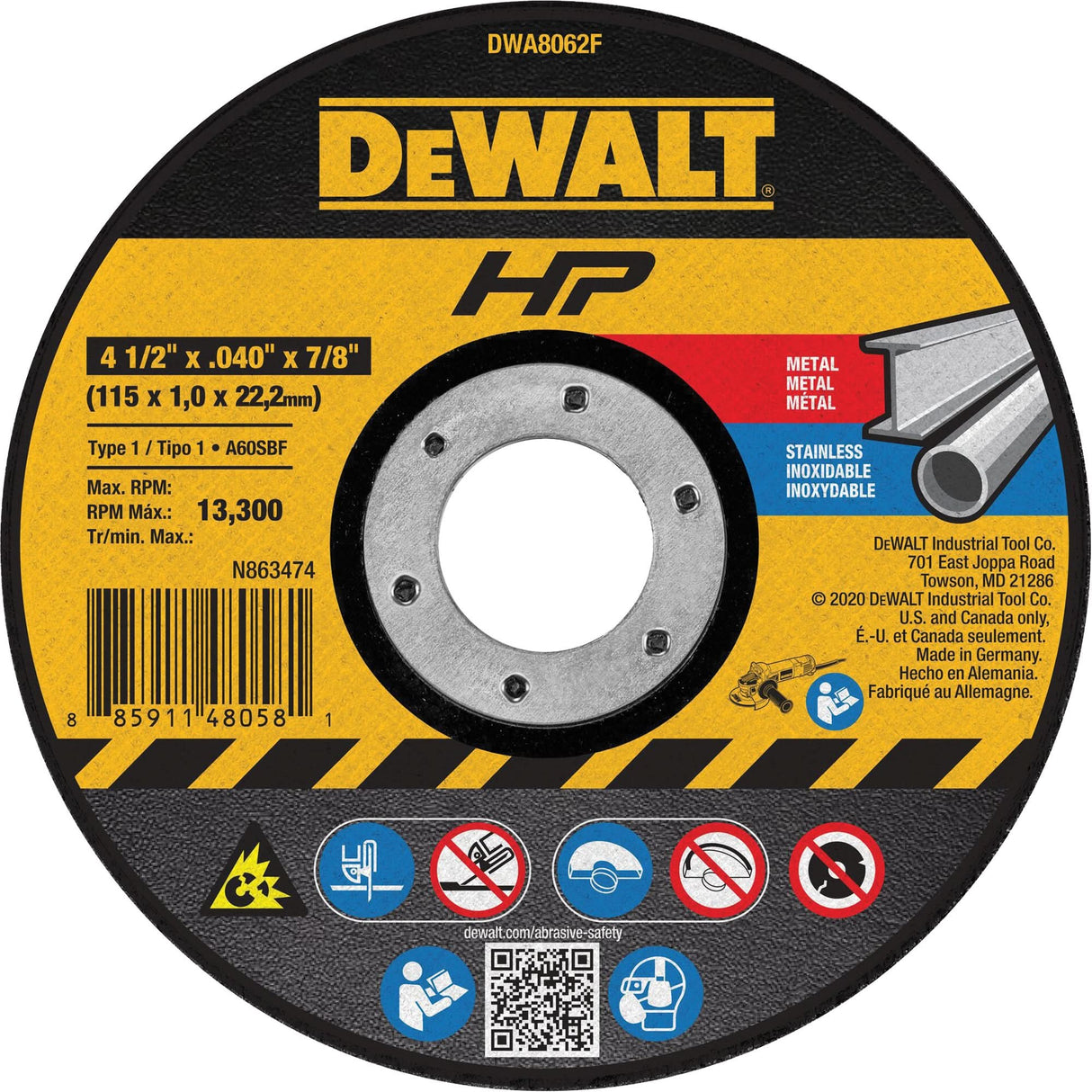 HP™ Metal Cut-Off Wheel, 4-1/2" x 0.04", 7/8" Arbor, Type 1, Aluminum Oxide, 13300 RPM