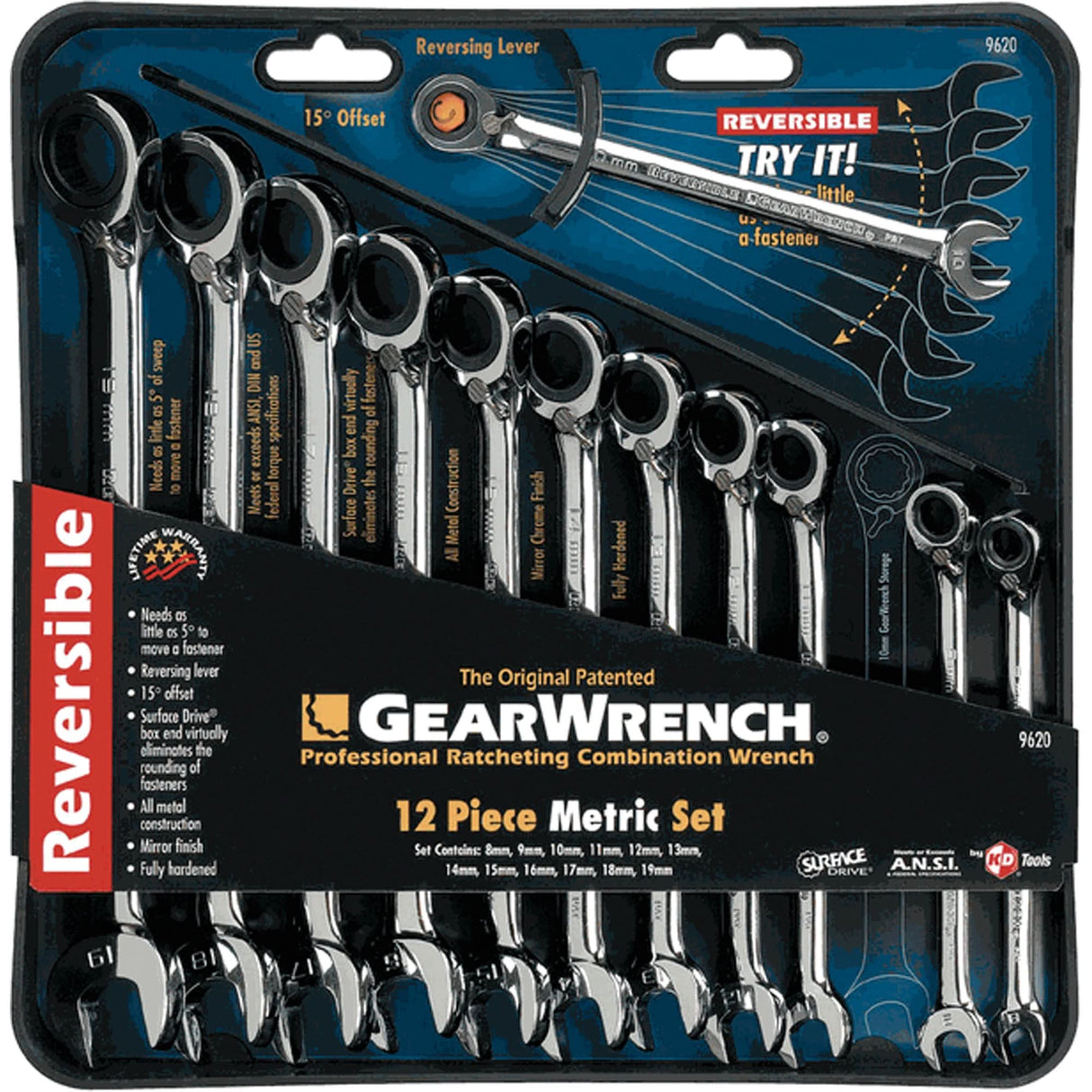 Reversible Wrench Set, Combination, 12 Pieces, Metric