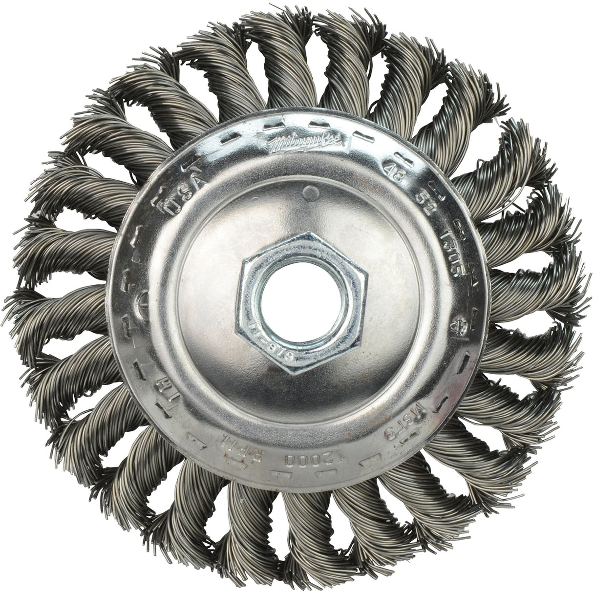 Bevel Knot Brush, 4" Dia., 0.023" Fill, 5/8"-11 Arbor