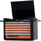 Top Chest, 28" W, 9 Drawers, Black/Orange